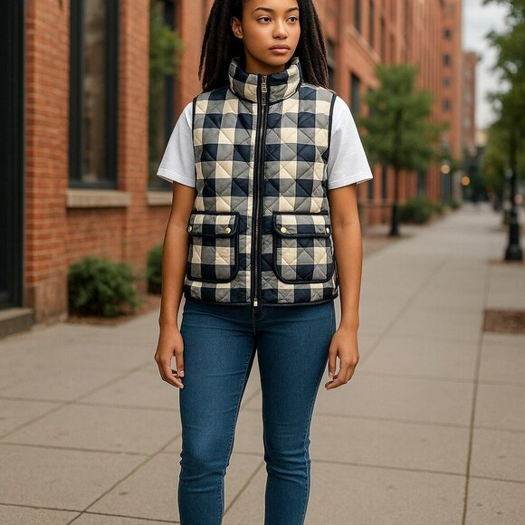 J Crew Womens Small Blue Ivory Plaid Full Zip Front Pockets Down Puffer Vest S - Picture 1 of 11